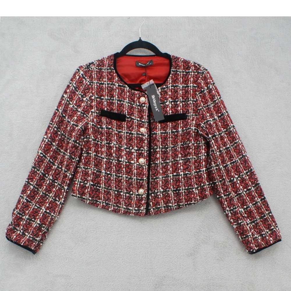 Allegra K Womens Red Plaid Tweed Cropped Jacket Pearl Button Velvet Trim Small